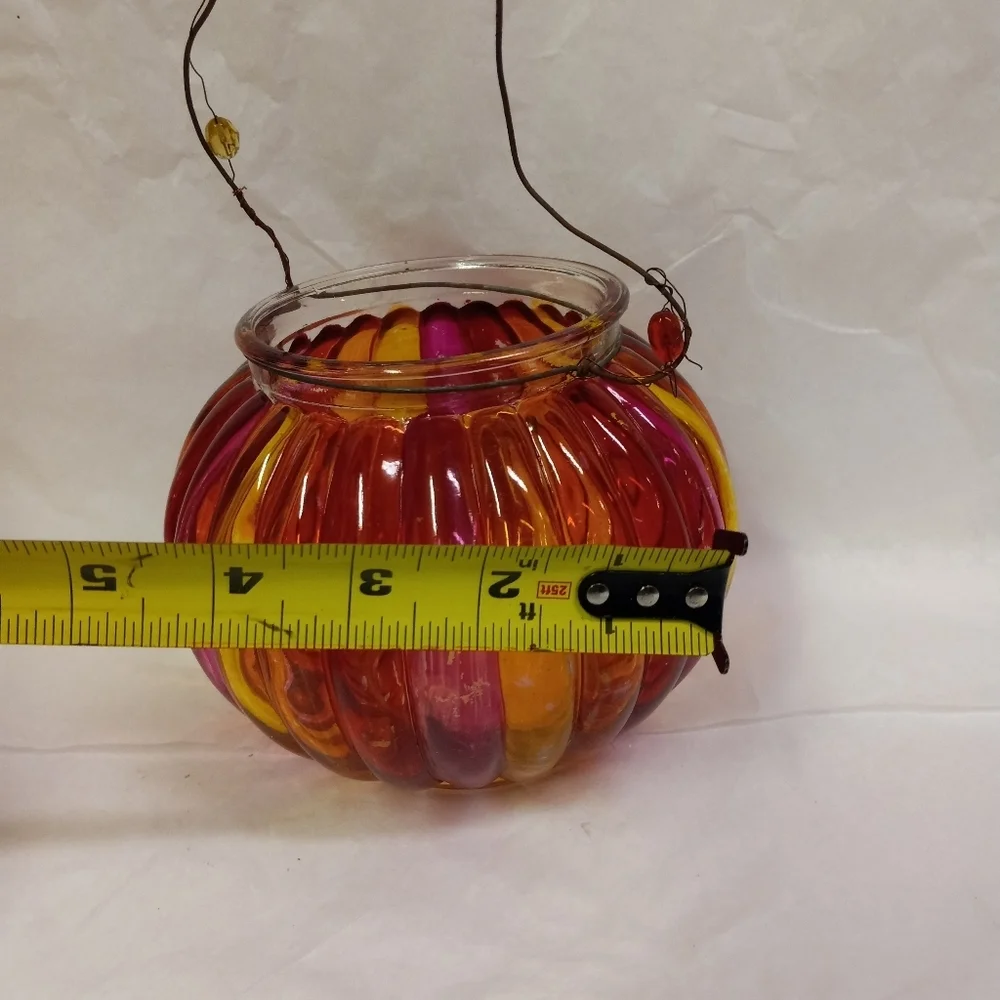 2- Vintage Wire Hanging Candle Holder  Lanterns Orange & Pink Round Ribbed Glass